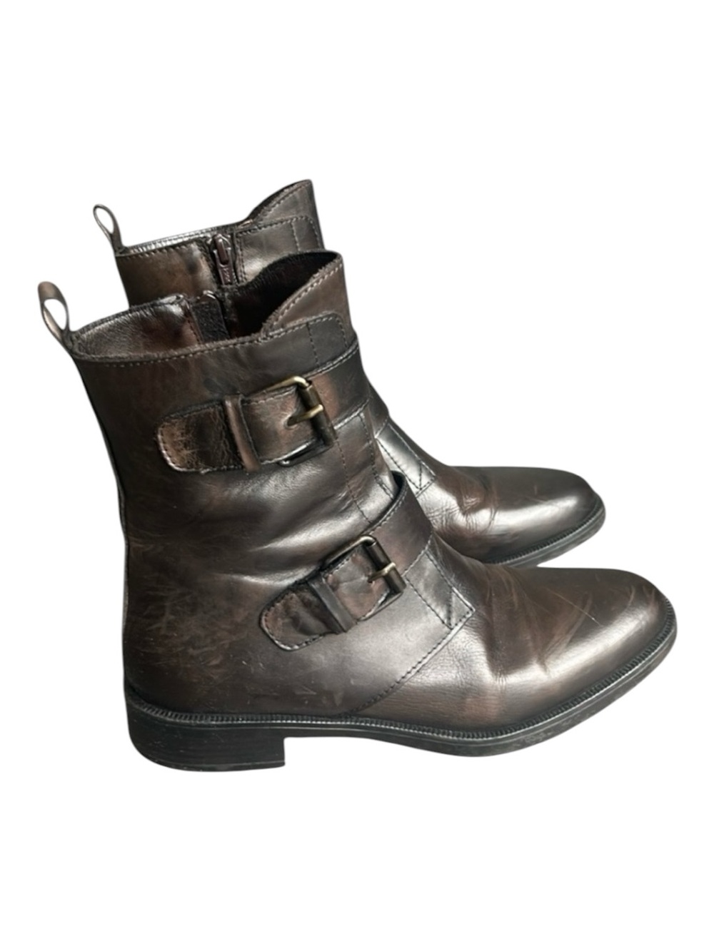 Emanuele Crasto Brown Leather Double Buckle Moto Boots Made in Italy Size EU 40